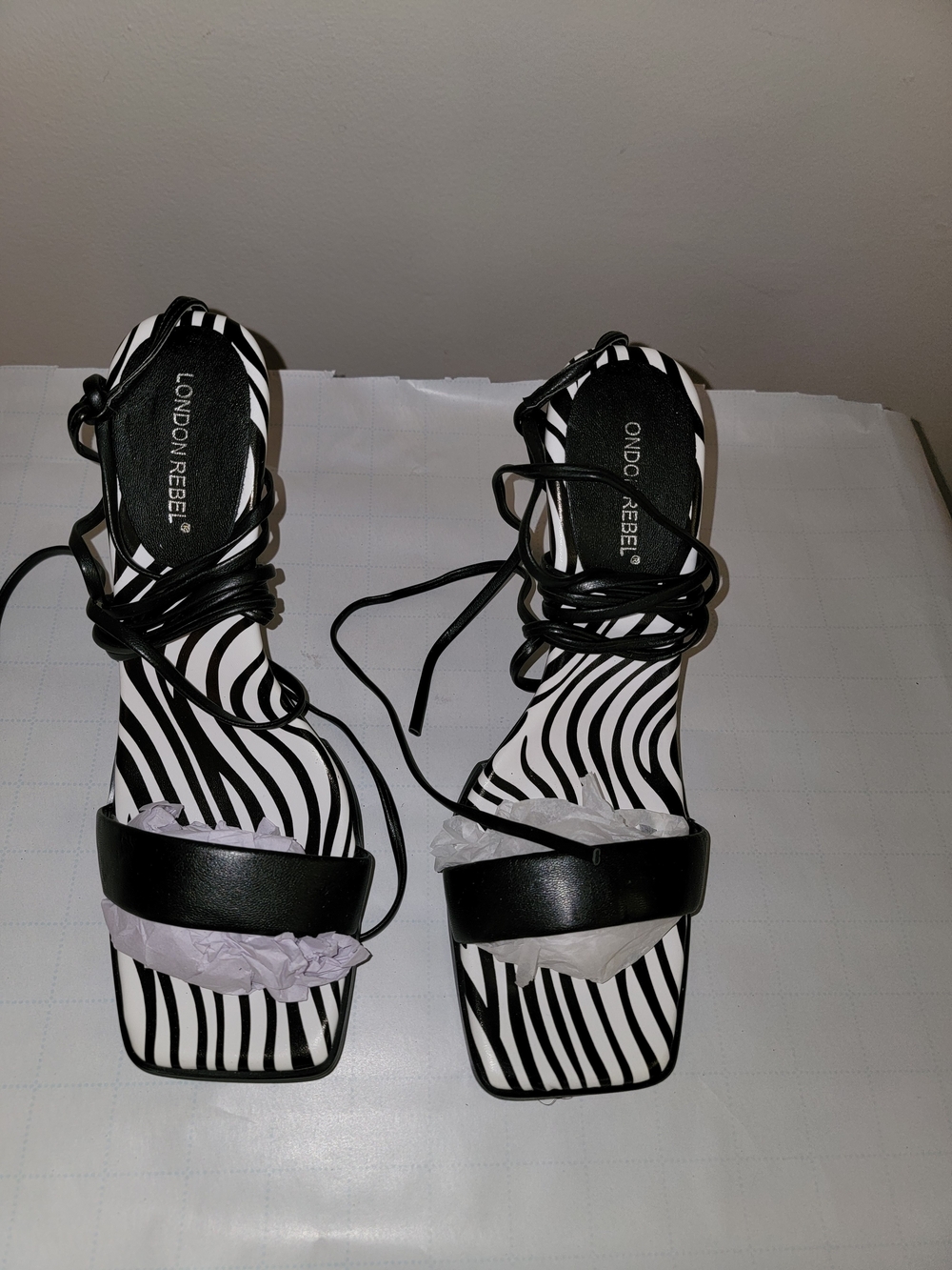 SHEIN Black & White Zebra Lace-Up Heeled Sandals